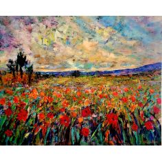 gorgeous landscape painting depicts a field of vibrant scarlet poppies