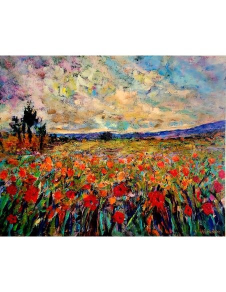 gorgeous landscape painting depicts a field of vibrant scarlet poppies