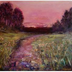 This landscape painting evokes a sense of peace and tranquility