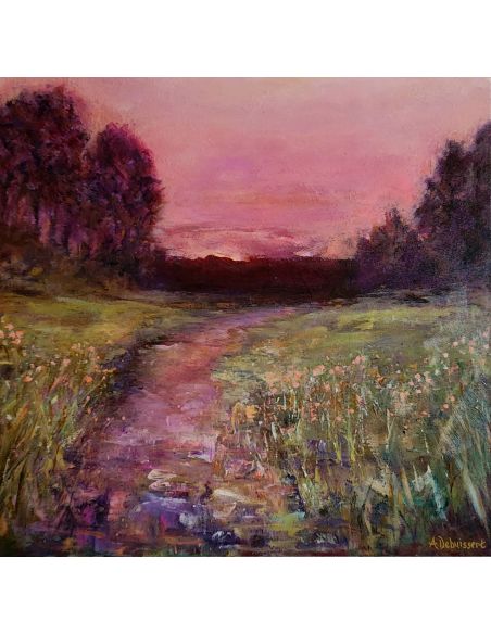 This landscape painting evokes a sense of peace and tranquility