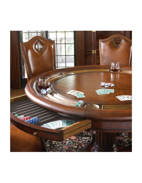 Luxury high end leather top card table for six with drawer