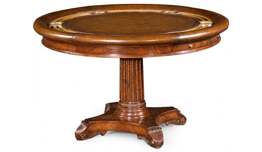 Luxury High End Leather Top Card Table, Antique Leather Top Round Table