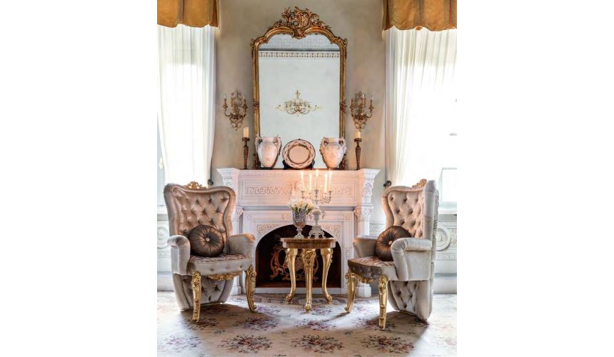 Luxury Leather & Upholstered Furniture Premium royal accent chair with plush intricate gold leafed carvings