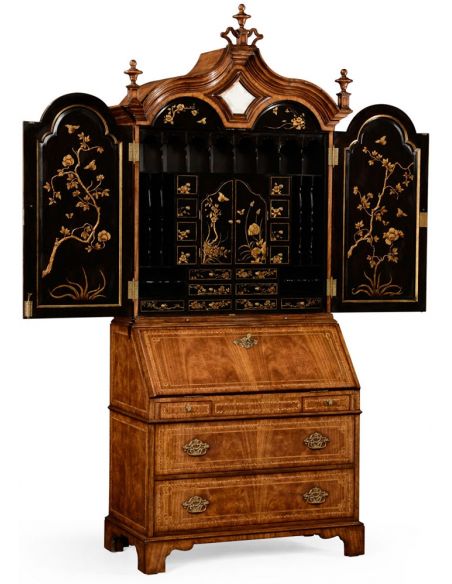 Executive Desks Queen Anne walnut bureau with Chinoiserie interior.