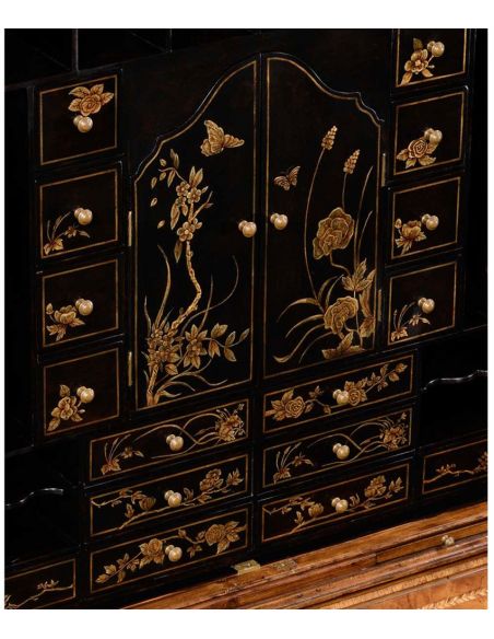 Executive Desks Queen Anne walnut bureau with Chinoiserie interior.