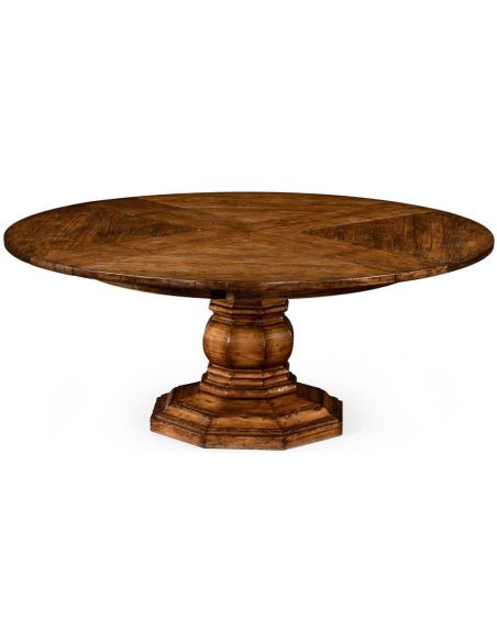 Walnut circular dining table with self-storing leaves
