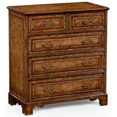 LUXURY BEDROOM FURNITURE George II style burr oak chest of five drawers.
