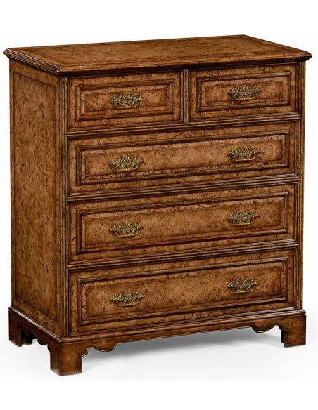 George II style burr oak chest of five drawers.