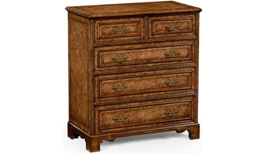 LUXURY BEDROOM FURNITURE George II style burr oak chest of five drawers.