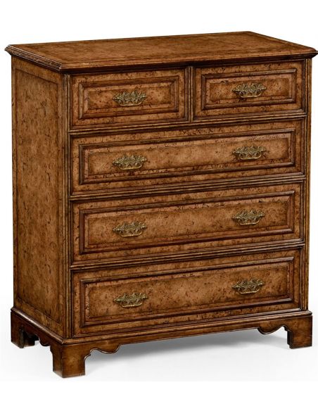 LUXURY BEDROOM FURNITURE George II style burr oak chest of five drawers.
