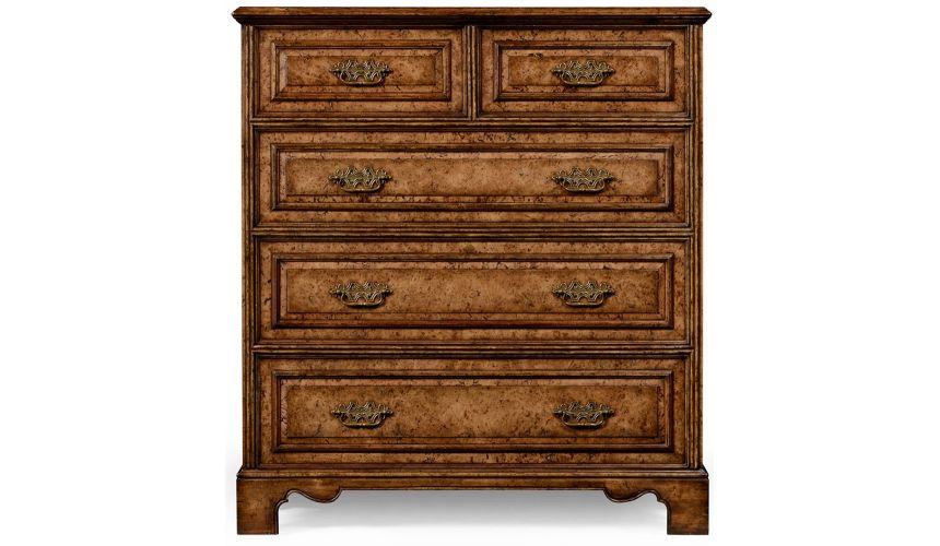 LUXURY BEDROOM FURNITURE George II style burr oak chest of five drawers.