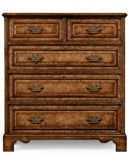 LUXURY BEDROOM FURNITURE George II style burr oak chest of five drawers.