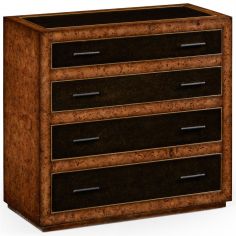 Modern Furniture Rustic burr oak and leather chest of four drawers.