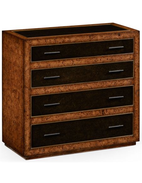 Rustic burr oak and leather chest of four drawers.