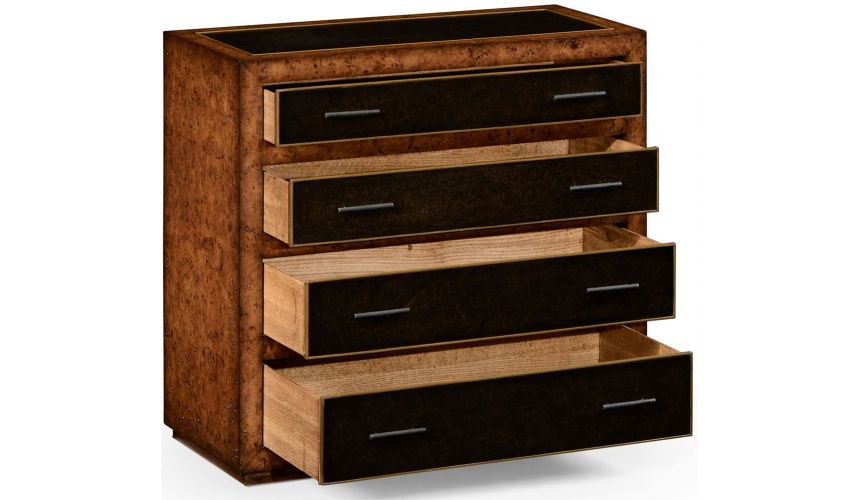 Modern Furniture Rustic burr oak and leather chest of four drawers.