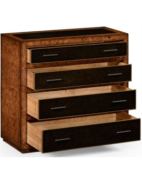 Modern Furniture Rustic burr oak and leather chest of four drawers.