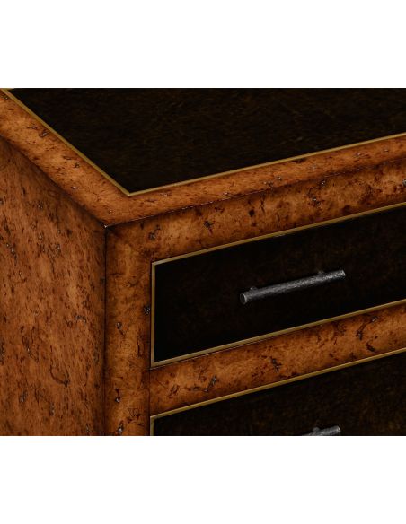 Modern Furniture Rustic burr oak and leather chest of four drawers.