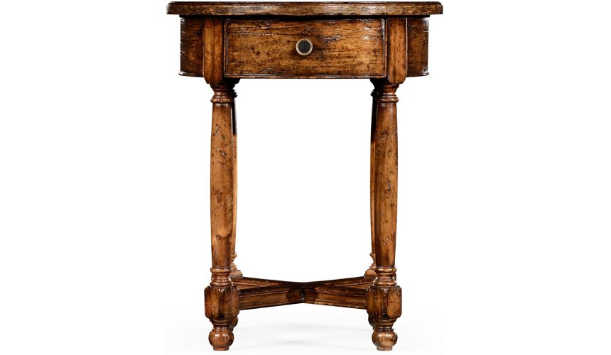 Round & Oval Side Tables Walnut parquet round side table with contrast inlay.