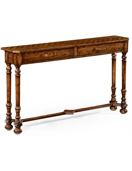 Heavily distressed parquet console table with strap handles