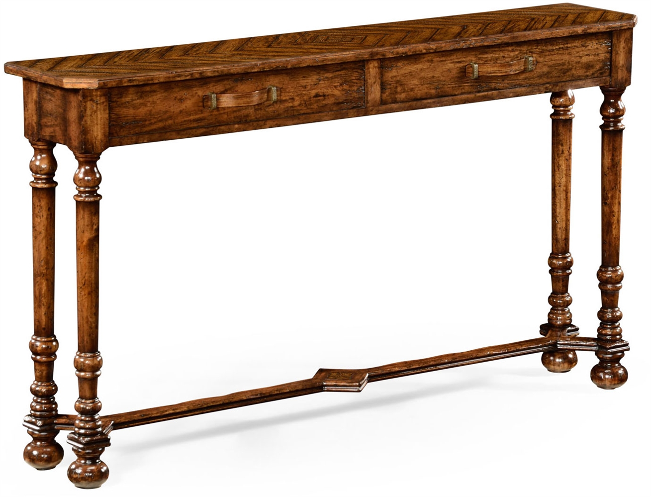 Console & Sofa Tables Heavily distressed parquet console table with strap handles