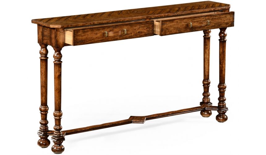 Console & Sofa Tables Heavily distressed parquet console table with strap handles
