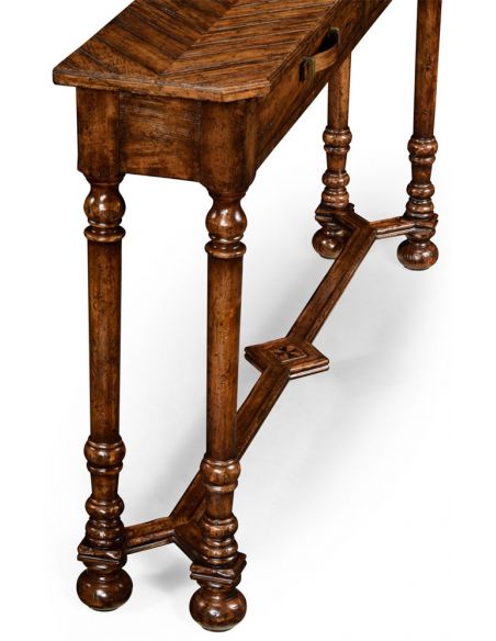 Console & Sofa Tables Heavily distressed parquet console table with strap handles