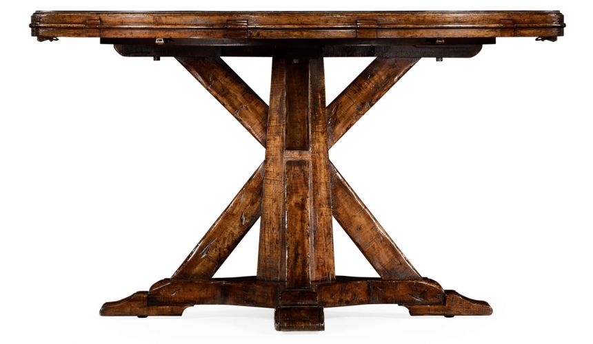 Dining Tables Heavy distressed parquet round-to-oval dining table