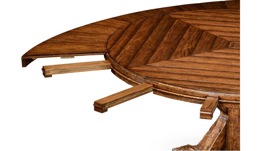 Dining Tables Heavy distressed parquet round-to-oval dining table