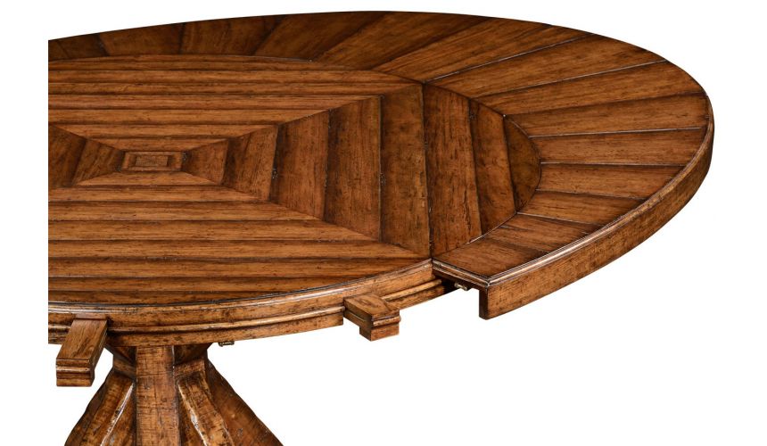 Dining Tables Heavy distressed parquet round-to-oval dining table