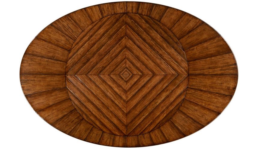 Dining Tables Heavy distressed parquet round-to-oval dining table