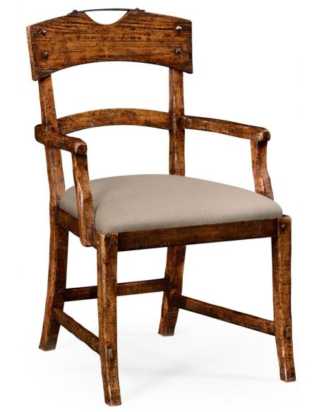 Planked walnut rustic armchair with upholstered seat.