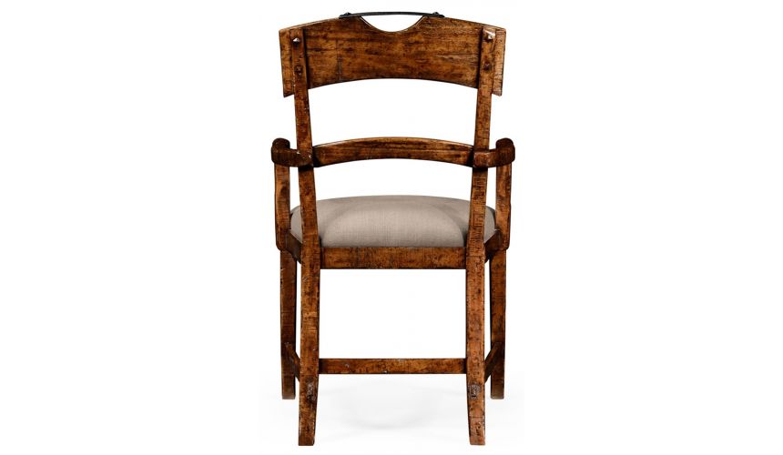 Dining Chairs Planked walnut rustic armchair with upholstered seat.