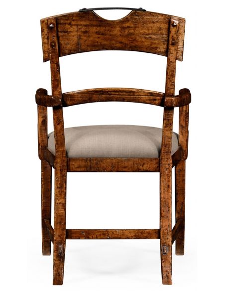 Dining Chairs Planked walnut rustic armchair with upholstered seat.