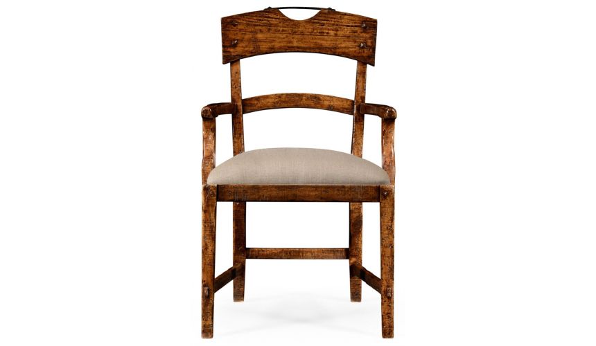 Dining Chairs Planked walnut rustic armchair with upholstered seat.