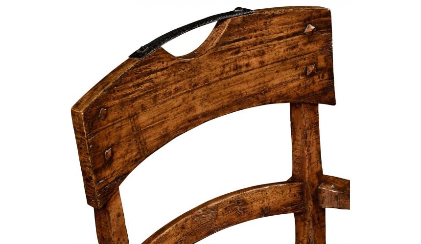 Dining Chairs Planked walnut rustic armchair with upholstered seat.