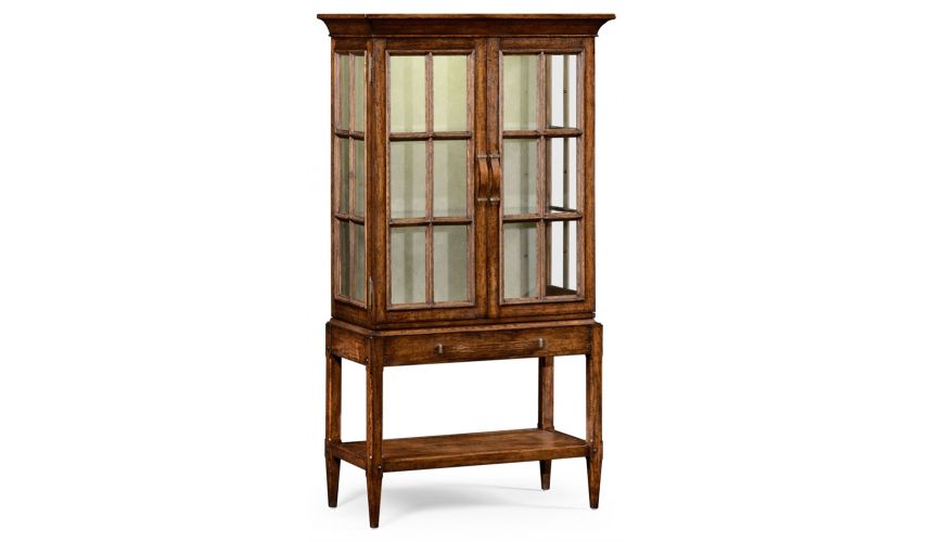 Breakfronts & China Cabinets Plank walnut glazed display cabinet with strap handles.