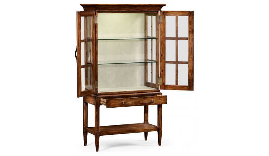 Breakfronts & China Cabinets Plank walnut glazed display cabinet with strap handles.