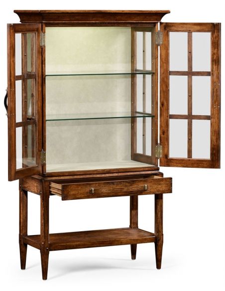 Breakfronts & China Cabinets Plank walnut glazed display cabinet with strap handles.