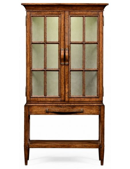 Breakfronts & China Cabinets Plank walnut glazed display cabinet with strap handles.
