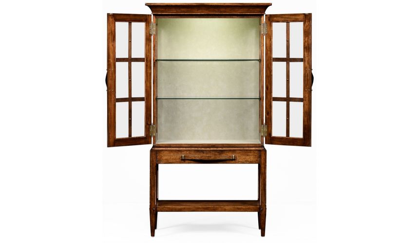 Breakfronts & China Cabinets Plank walnut glazed display cabinet with strap handles.