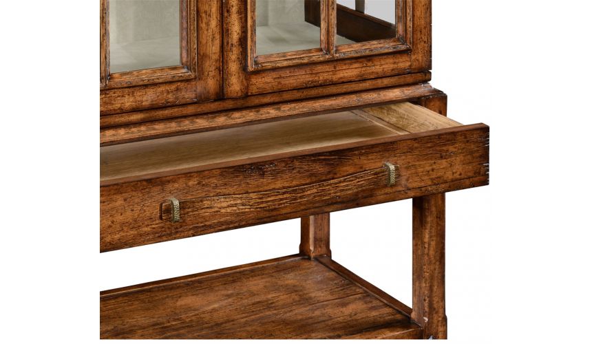 Breakfronts & China Cabinets Plank walnut glazed display cabinet with strap handles.