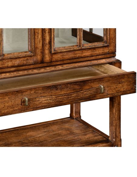 Breakfronts & China Cabinets Plank walnut glazed display cabinet with strap handles.