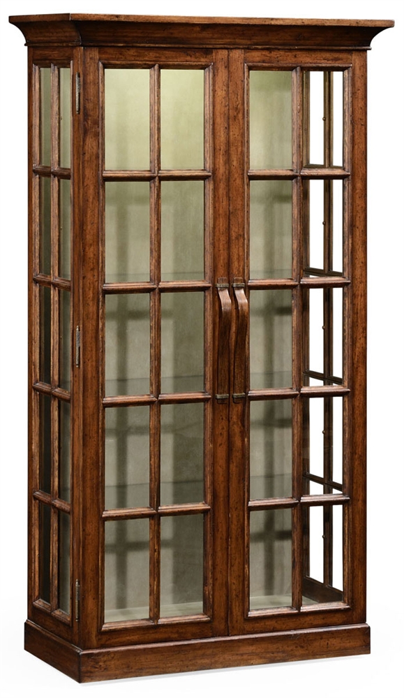 Breakfronts & China Cabinets Plank walnut fully glazed bookcase with strap handles.
