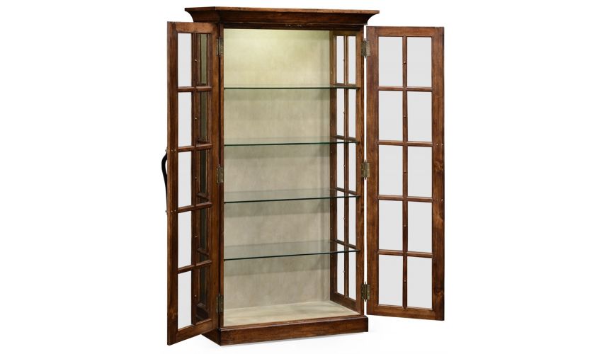 Breakfronts & China Cabinets Plank walnut fully glazed bookcase with strap handles.