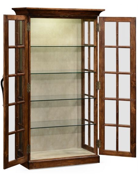 Breakfronts & China Cabinets Plank walnut fully glazed bookcase with strap handles.