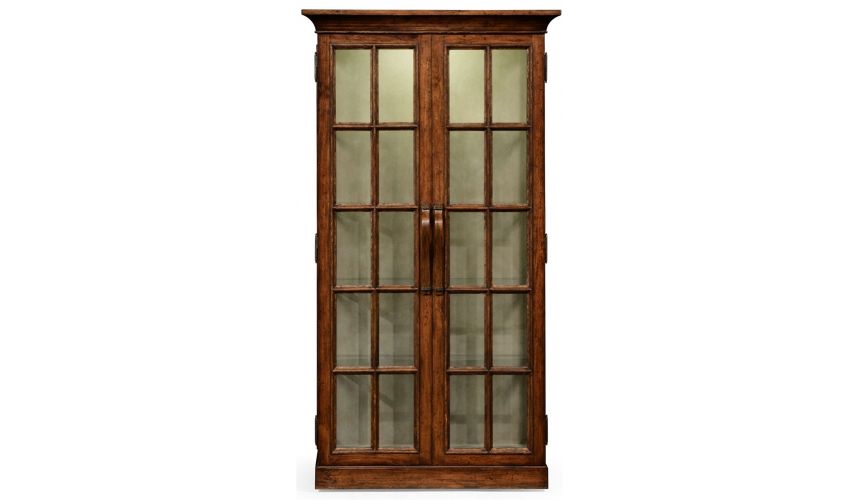 Breakfronts & China Cabinets Plank walnut fully glazed bookcase with strap handles.
