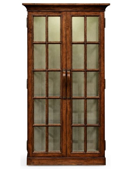Breakfronts & China Cabinets Plank walnut fully glazed bookcase with strap handles.