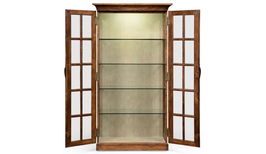 Breakfronts & China Cabinets Plank walnut fully glazed bookcase with strap handles.
