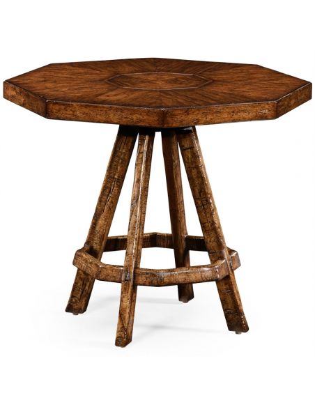Planked walnut rustic side table with octagonal top.