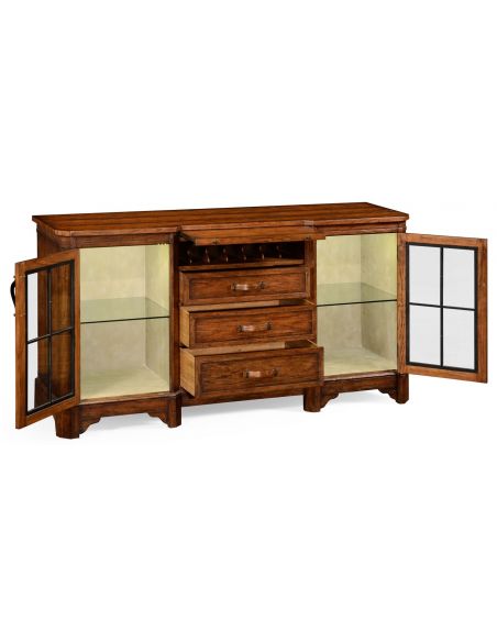 Breakfronts & China Cabinets Plank walnut low cabinet & wine rack with strap handles.
